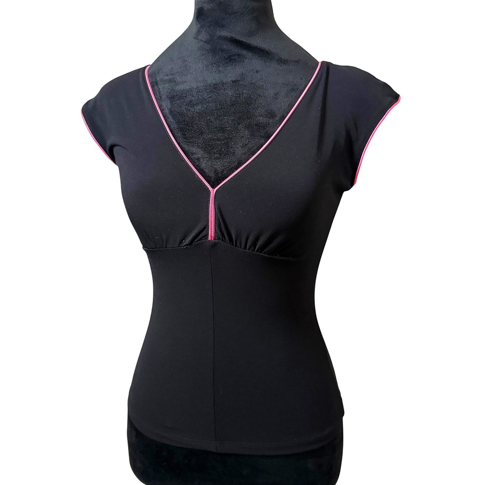 Women's 90s Black Short Sleeve Top y2K Pink Trim Babydoll Blouse XXI Size S